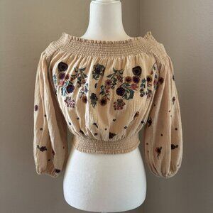 Free People Cream Floral Embroidered Top